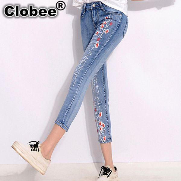 

summer style women denim jeans flower print nine pants skinny jeans pencil pants, Blue