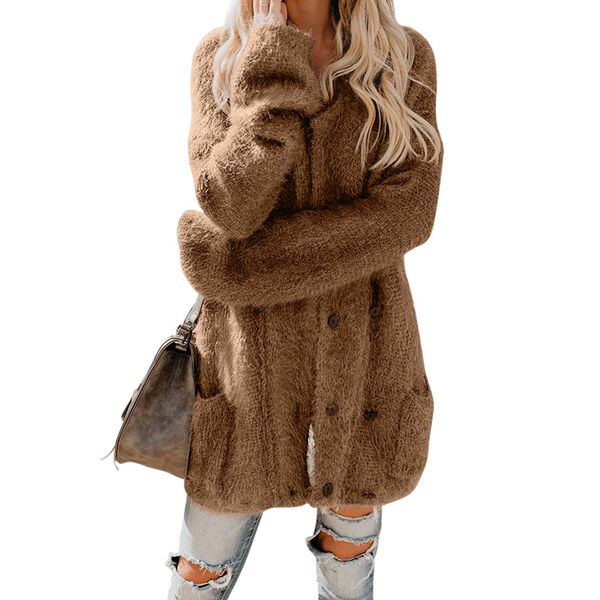 

outwear knitted women coat long sleeve with pockets casual solid fashion fuzzy thickened winter double breasted button down warm, Black