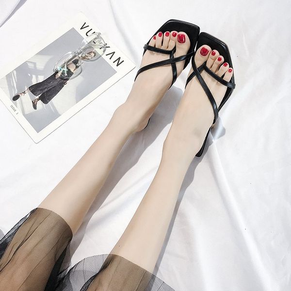

2020 sandals womens new summer foreign trade all kinds of sweet clip toe ribbon light sandal square head manufacturer direct sales, Black