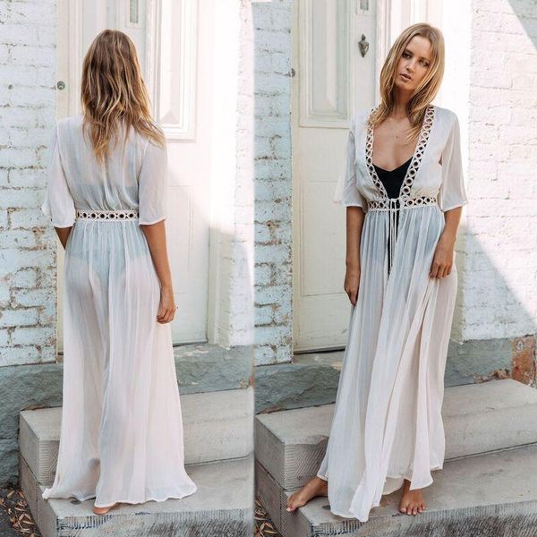 

forerun vrouwen lange kimono vest wit kant haak blouses chiffon beach cover up shirts, White