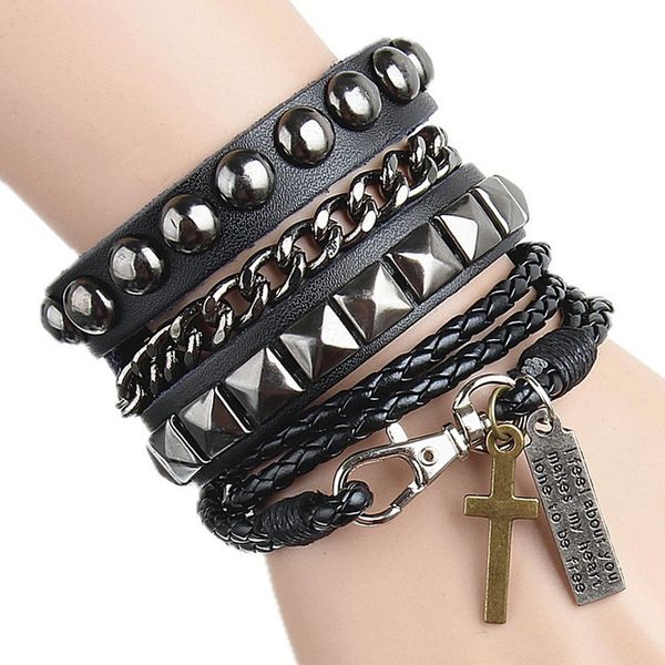 

leather bracelets men's charm bracelet selling combination combination hanging cross punk personality gold bracelet men, Golden;silver