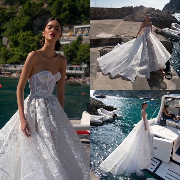 2019 Inbal Dror Böhmische Brautkleider Schatz-Spitze-Applikationen Illusion Sexy Strandhochzeitskleid Maßgeschneiderte Perlen-Boho-Brautkleider