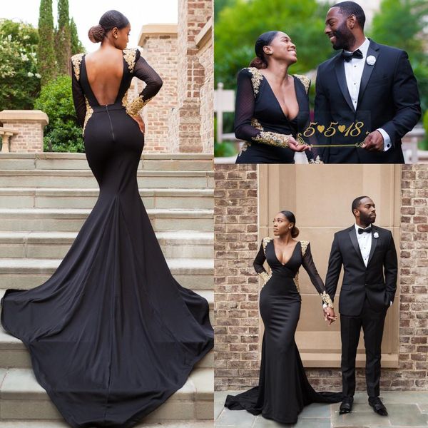 

2020 new arabic black deep v neck mermaid prom dresses long sleeves backless evening party gowns with sweep train