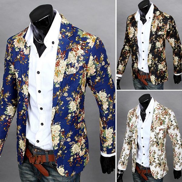 

nice fashion men floral printing blazer slim party single breasted suit jacket long sleeve coat h8, White;black