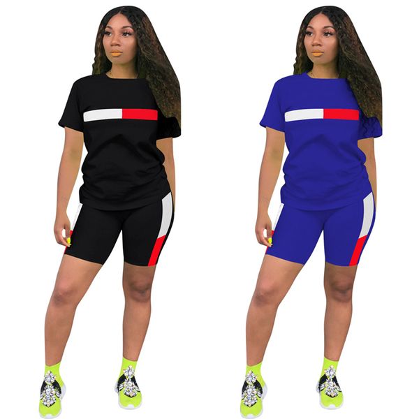 

summer casual panelled crew short sleeves loose t-shirt short pants two pieces sets running sport wear women's tracksuits, Gray