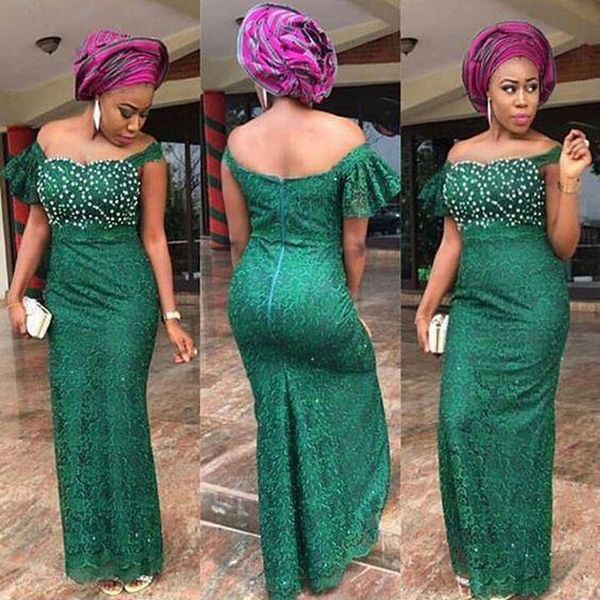 

aso ebi green evening dresses mermaid lace beadings off the shoulder custom made african girls long gowns, Black;red