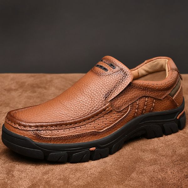 

men genuine leather casual shoes spring and autumn cow leather men breathable slip on casual shoes plus size 2020 new, Black