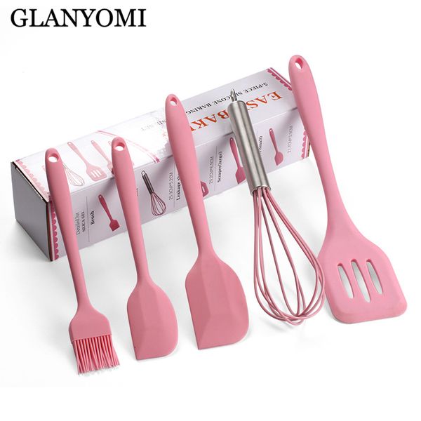 

5pcs/set new silicone cooking tool sets egg beater spoon spatula oil brush kitchenware kitchen utensils sets with box