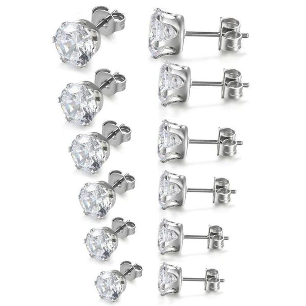 

boniskiss 6 pairs women's stainless steel round clear cubic zirconia inlaid stud earring 3mm-8mm gold silver color stud earrings, Golden;silver