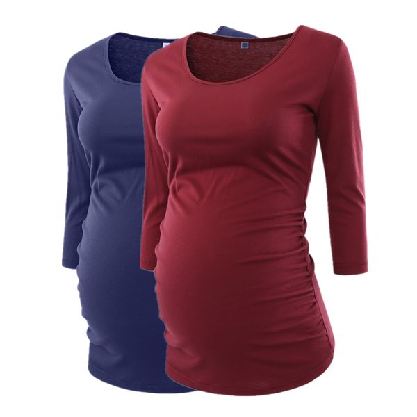 

беременная блуза для беременной одежды side ruched 3 квартала рукава материнства scoop шеи джерси top беременность одежда для женщин топов, White