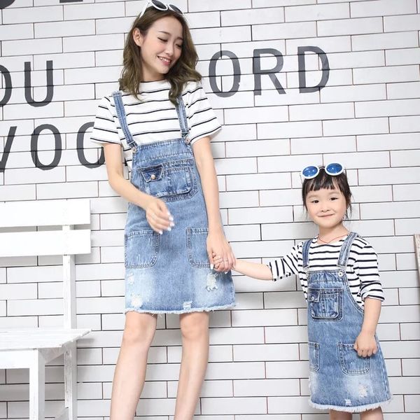 

little girls kids adjustable strap denim bib overalls jumpsuit romper mother daughter outfits family matching clothes, Blue