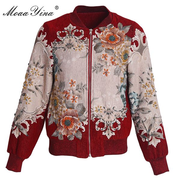 

moaayina fashion designer jacket jacket autumn women rose floral beading casual elegant red short, Black;brown