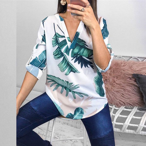 

women ladies flower leaf print blouses fashion ladies chic v neck casual long sleeve shirt blouse blusas mujer de moda, White