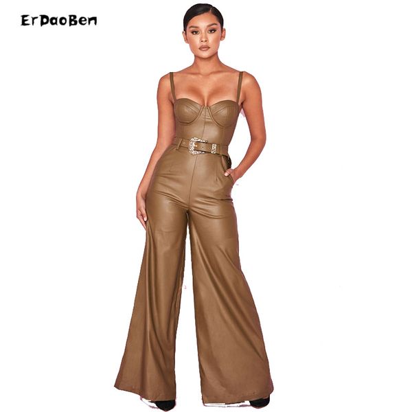 

erdaoben olive green bodycon pu leather jumpsuit women summer spaghetti strap night party jumpsuits sp3083, Black;white