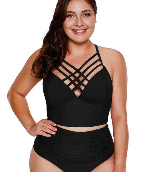 

summer women plus size strappy cross swimdress two pieces bikini set beach swimwear bathing suit, White;black