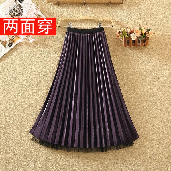 

skirts and winter double side gold velvet mesh skirt women's medium length pleated polka dot yarn, Black