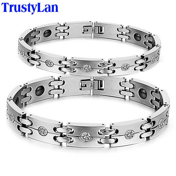 

trustylan fashion his and hers health bracelet 10mm wide cz stainless steel magnetic balance bracelet for men women armbands, Golden;silver