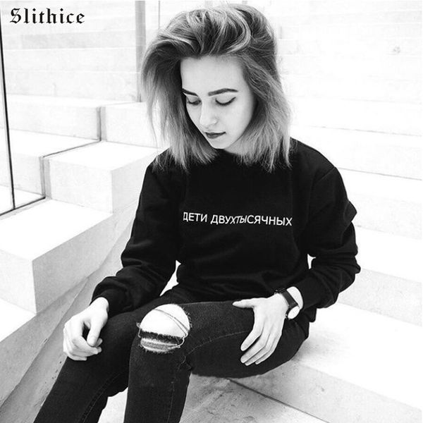 

slithice мода блуза для женщин длинных черных рукава толстовки русской надписи напечатанного письма толстовки женского пуловера, Black