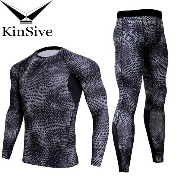

new compression quick dry tight tracksuit men fitness clothing t shirt and track pants male serpentine two piece set sweat suit, Gray