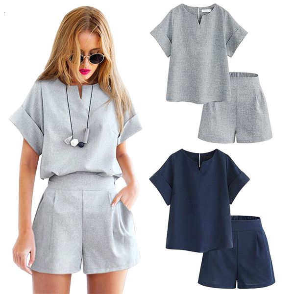 

set two-piece female office suit casual cotton linen v-neck t-shirt shirts short sleeve and shorts summer women's costumes, White