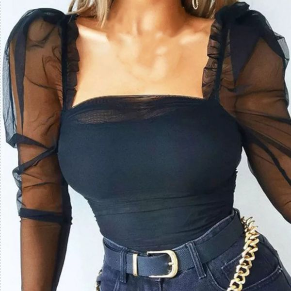 

women blouse casual solid color mesh patchwork puff sleeve square neck ruched blouse spring summer cloth for female 2020, White