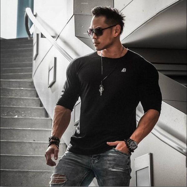

mens tight sports round collar fitness gym long seeves spring autumn workout running t-shirt, Black;blue