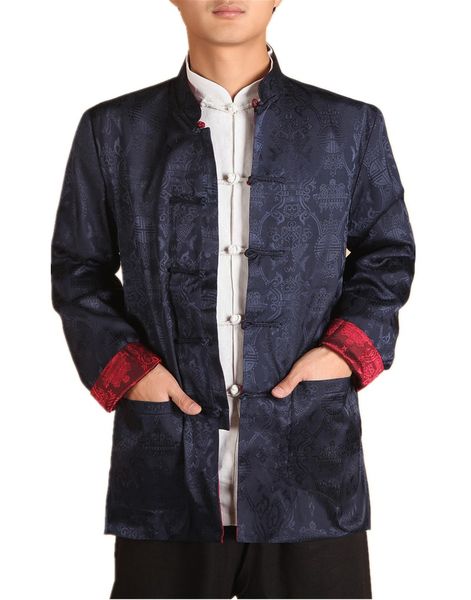 

shanghai story long sleeve tang suit chinese traditional red/bluetwo-sided wear mandarin collar reversible shirt 0937-5