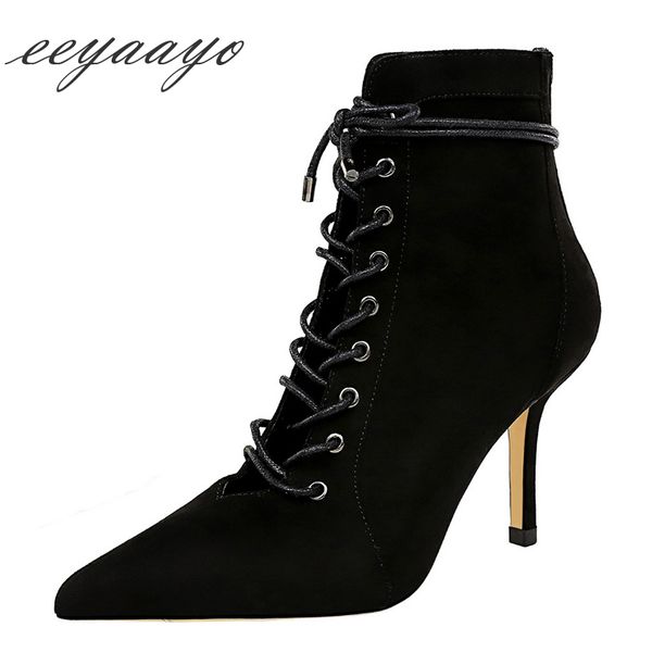 

2020 new spring women ankle boots 8.5cm high thin heel pointed toe lace-up zipper solid ladies women shoes black short boots