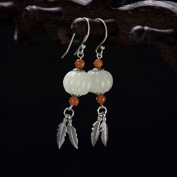 

2018 real new brinco real s925 pure restoring ancient ways ms hetian jade bai yuna mosaic leaf pendant earrings wholesale, Golden;silver
