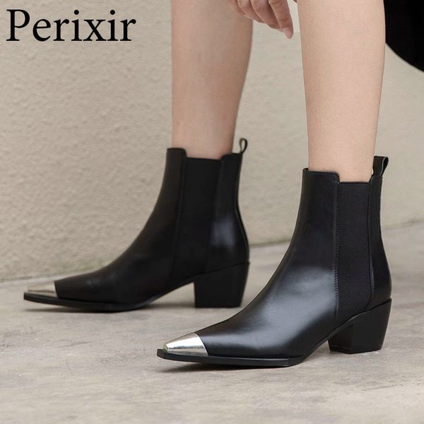 

autumn boots women cowboy western ankle boots feature metallic tip pointed toe elastic on the side botines luxury botas mujer, Black