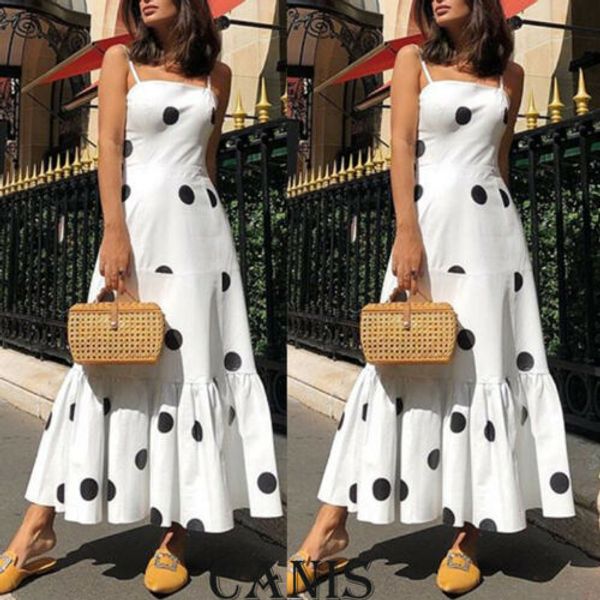 

2019 новая горячая летняя мода последние женские boho dot высокая талия летняя вечеринка вечерний пляж без рукавов длинное платье макси сара, Black;gray