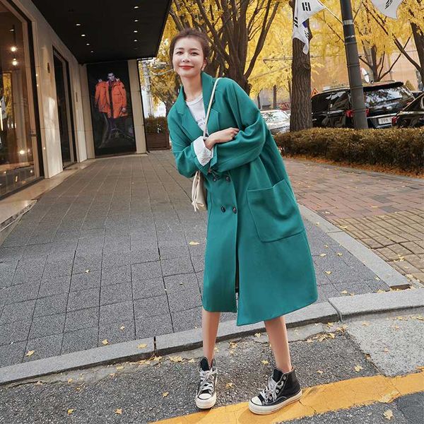 

2020 spring and autumn new youth popular solid color loose double-breasted mid-length suit fashion casual wild green, White;black