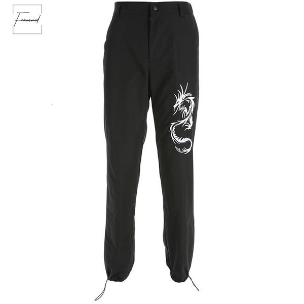 

chinese style dragon full pants women black high waist loose pencil pants 2019 fashion embroidery length rayon trousers women, Black;white