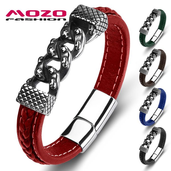 

leisure men's bracelet genuine leather stainless steel charm bracelets women's punk fashion jewelry bangles red, Golden;silver