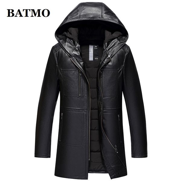 

batmo 2018 new arrival winter 100% natural cow leather hooded down jackets men,men's winter leather parkas 816-1, Black