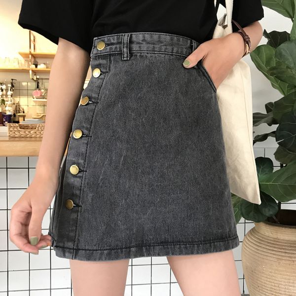 

summer womens vintage a-line pencil jeans skirt plus size front button high waist mini denim skirt female ladies falda jupe, Black