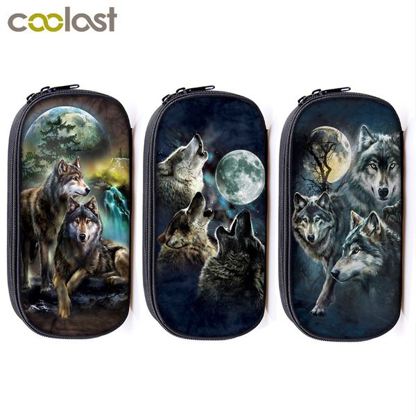 

cool howling wolf print cosmetic cases pencil bag teenager boys stationary bag children school case makeup bags school