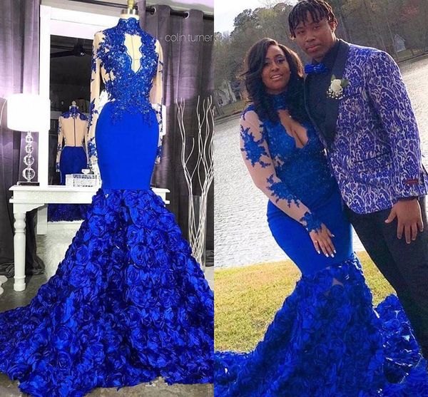 

royal blue high neck русалка пром платье 3d цветы кружево аппликация sheer длинных рукава африканской арабские формальная партия вечерние пл, Black