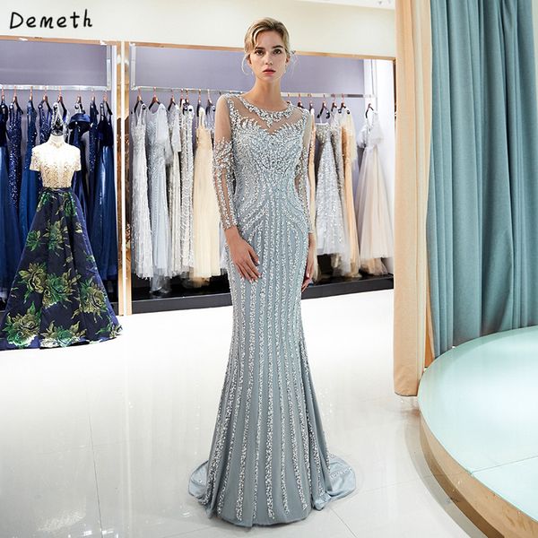 

gray dubai luxury sequined sparkle evening dresses 2019 long sleeve beading evening gowns mermaid robe de soire, White;black