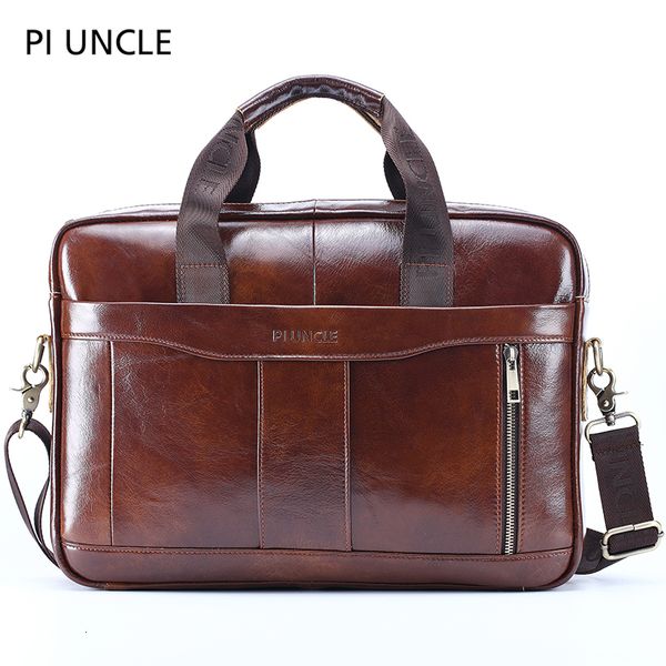 

piuncle brand genuine leather computer bag 14inch lapbag handbags cowhide crossbody bag men's travel brown leather briefcase cj191201