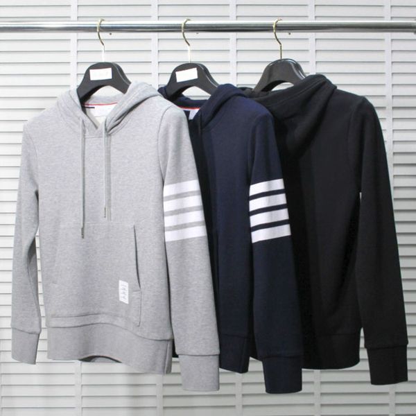 

чистый хлопок loopback джерси knit engineered 4-бар arm stripes пуловер hoodie sweatershirts спорт повседневная мужчины женщина кепка свитер, Black