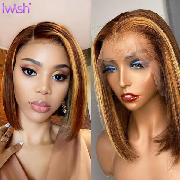 

ombre highlight wig 13x4 hd transparent lace front wig straight ombre bob ombre brown honey blonde short bob, Black