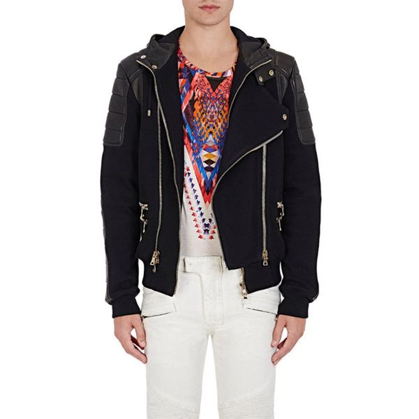 

man biker jumper sweatshirt male hoodie zip men leather sweat casual and multi patch motocycle jacket xuwsd, Black