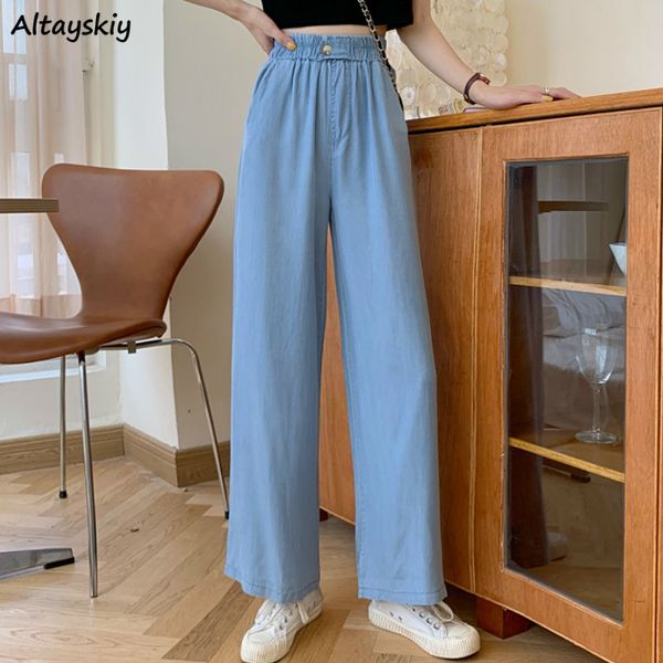 

jeans women elastic waist with single button stretchy pockets loose trendy chic full length wide leg trousers womens leisure new, Blue