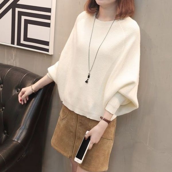 

lazy wind bat shirt loose sweater women autumn and winter 2019 new round neck pullover shirt bottoming sweater tide, White;black