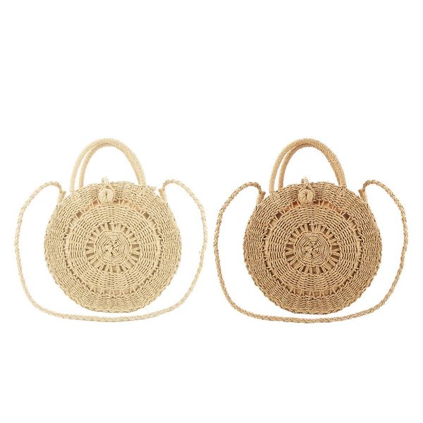 

2pcs круглый соломы сумка для женщин ткать crossbody сумка верхняя ручка сумки лето пляж кошелек, hollow коричневый бежевый