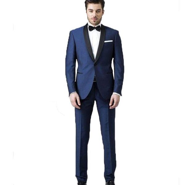 Verão Azul Marinho Noivo Do Casamento Smoking 2 Peças Xale Lapela Dos Homens Terno Personalizado Groomsman Melhor Homem Blazer (Jacket + Calças)