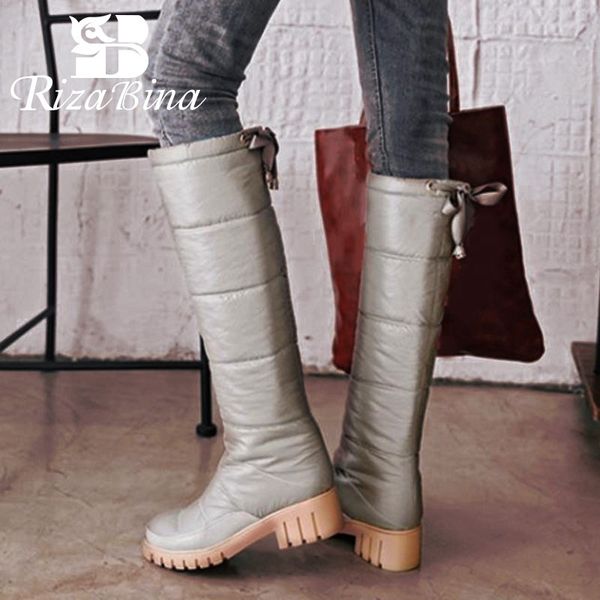 

rizabina women knee high heel boots thick fur cross strap long boots for cold winter shoes warm botas woman footwears size 34-39, Black