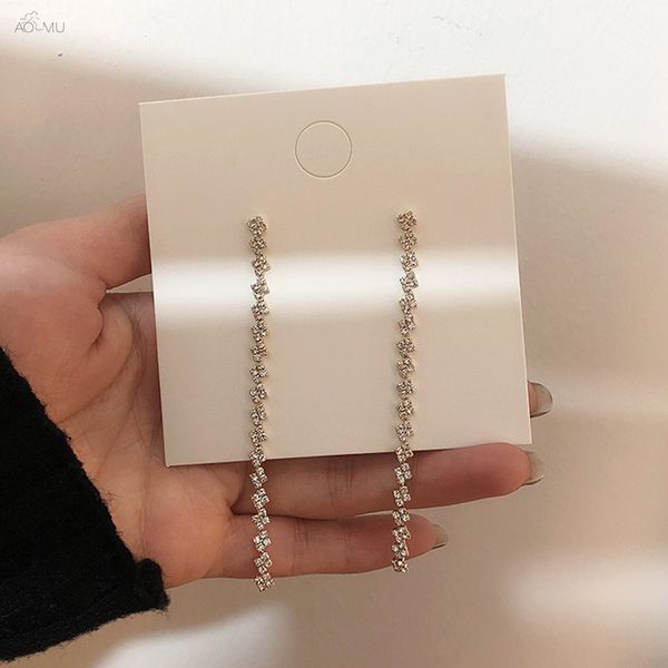 

aomu trend s925 sterling silver pin tassel metal rhinestone flower long dangle drop earrings for women girl party jewelry