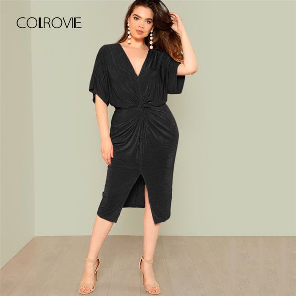 

colrovie plus size black twist front slit batwing long dress women pink party dress vintage elegant summer dresses, Black;gray